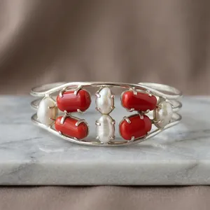 Bracelet manchette en argent sterling 925 véritable avec perles de corail rouge naturel et perles d'eau douce, jonc ouvert, bijoux fantaisie pour femme - Product Image 3