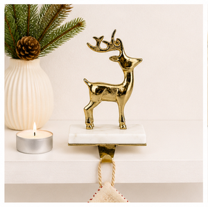 Handcrafted Luxury Golden Aluminum Reindeer <b>Stocking</b> <b>Holder</b> With Sturdy Marble Base For Festive Christmas Mantle Decoration - Product Image 6