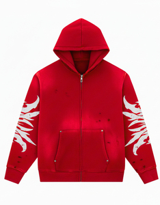 Men's Black Hooded Zip-Up Sweatshirt With White Flame Print On Sleeves Streetwear Style Regular Fit 100% Polyester French Terry - Product Image 1
