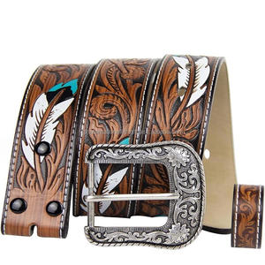 Customized hand carved <b>feather</b> design embossed men's fashion western leather tooling belt with interchangeable western buckle - Product Image 5