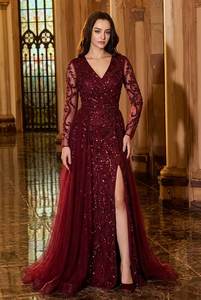 Robe de soirée élégante bordeaux à col en V, manches longues, broderie de sequins, robe de bal de luxe, vente en gros, tenue de soirée formelle arabe - Product Image 3