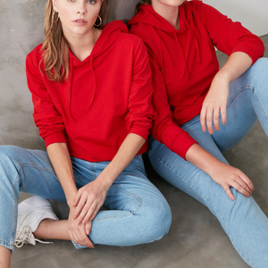Sudadera Informal para Mujer, Manga Larga, Color Rojo Sólido, Ligera, Holgada, con Bolsillo - Product Image 4