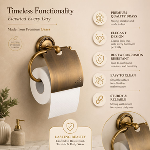 Porte-papier toilette en laiton antique avec couvercle, support mural de luxe pour rouleau de papier toilette, accessoire élégant pour salle de bain - Product Image 5