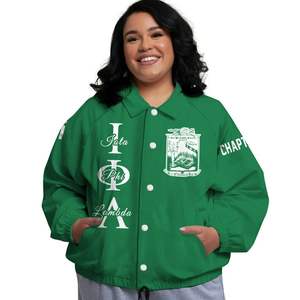 Veste universitaire personnalisée pour femmes Iota Phi Lambda, vert émeraude, avec blason à lettres grecques sur le devant et le dos, numéro et année, style bomber - Product Image 1