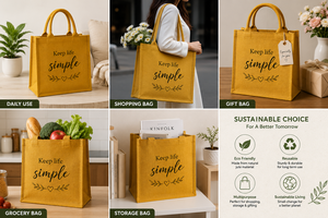 กระเป๋าผ้าปอกระเจา Keep Life Simple ขนาดกลาง กระเป๋าช้อปปิ้งแบบถือพร้อมลายตัวอักษร ใช้ได้ทุกวัน - Product Image 4