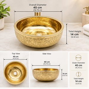Lavabo de salle de bain rond en laiton avec extérieur floral gravé et intérieur doré poli pour hôtel de luxe, spa, vente en gros, exportation - Product Image 3