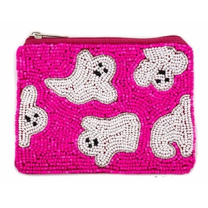 Nouvelle pochette à monnaie perlée avec motif fantôme d'Halloween, fermeture éclair, broderie, petite bourse à monnaie pour clés, argent liquide, cartes, multi-usages - Product Image 1