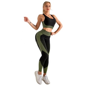 <b>Green</b> Black Color Blocking Yoga Set Racerback <b>Crop</b> <b>Top</b> High Waist Full Length Leggings Seamless Four Way Stretch - Product Image 1