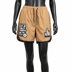 Shorts coupe-vent pour femmes en polyester beige et noir avec panneaux latéraux, broderie personnalisée, logo par transfert thermique - Product Image 6