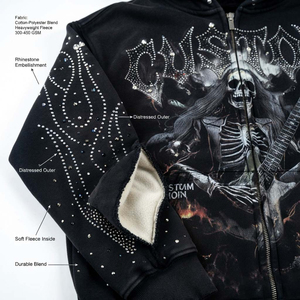 SHH INDUSTRIES Custom Graphic Hoodie Men Rhinestone Skull Print Full Zip Black Streetwear Oversized Hooded Sweatshirt Wholesale - Product Image 5