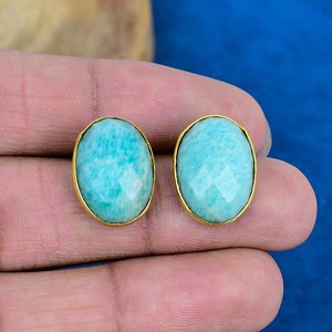 Natural Blue Amazonite Oval Shape Gemstone Dangle Hook Earring 18k Gold Micron Over 925 <b>Sterling</b> <b>Silver</b> - Product Image 2