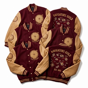 Chaqueta Letterman al por mayor, abrigo universitario de lana color carbón, con bordado Summit Waymark Stone Cairn y mangas de cuero color canela, estilo bomber. - Product Image 6