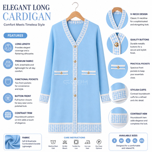 Cosh International Sorority Sisterhood <b>Light</b> Blue Knitted Cardigan With Hounds tooth Trim V-<b>Neck</b> Long Sleeve Classic Style Full - Product Image 6