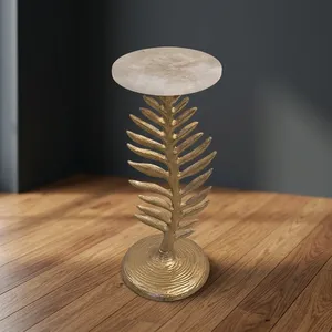 Table d'appoint moderne avec plateau rond en marbre et base en métal décorative en forme de feuille, meuble d'appoint de luxe pour la décoration du salon et de la chambre - Product Image 5