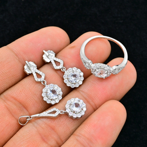 Ensemble de bijoux classiques en argent sterling 925 avec topaze blanche naturelle sertie griffe, collier, boucles d'oreilles et bague pour femme, ensemble de bijoux fins - Product Image 2