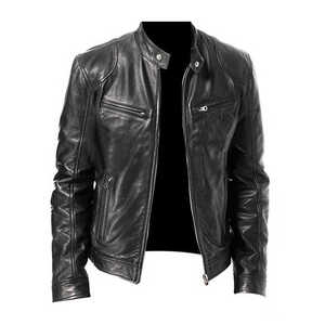 Chaqueta de Motociclista de Cuero Genuino Marrón para Hombre, Cuello Alto, Cierre de Cremallera, Corte Ajustado, Manga Regular, para Otoño - Product Image 4