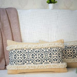 Artisan Crafted Modern Geometric Square Cotton Decorative <b>Cushion</b> <b>Cover</b> with Intricate Medallion Motif and Fringed Finish - Product Image 3