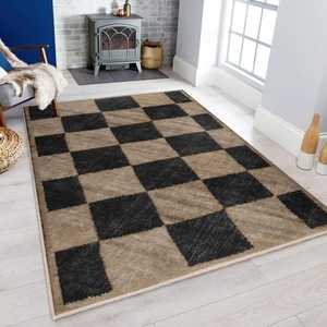 พรมลายตารางแบบอินเดียสำหรับห้องนั่งเล่น พรมขนาดใหญ่สีดำและสีเบจ ลายตารางหมากรุก กันลื่น ซักได้ ผลิตจากโพลีเอสเตอร์ - Product Image 2