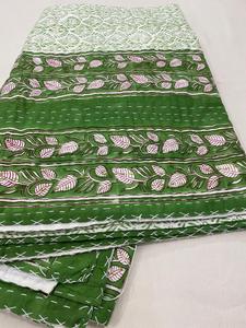 New Beautiful Green Floral Hand Block Print Kantha <b>Quilt</b> <b>Indian</b> Palm Tree Cotton Handmade Eco-Friendly All-Season Hotel Wedding - Product Image 3