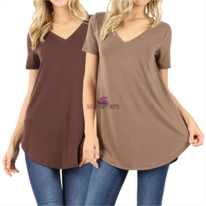 T-shirt rouge à manches courtes et col en V pour femme, 100 % coton biologique de luxe, pré-rétréci, certifié GOTS, doux, respirant et ajusté - Product Image 3