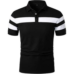 Polo à manches courtes noir pour homme, tricoté, décontracté, avec blocs de couleur et rayures blanches - Product Image 1