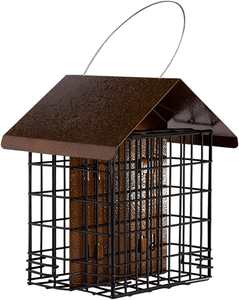 Mangeoire à oiseaux sauvages double en suède avec toit métallique suspendu, capacité pour deux gâteaux de suède, station d'alimentation extérieure durable pour oiseaux - Product Image 1
