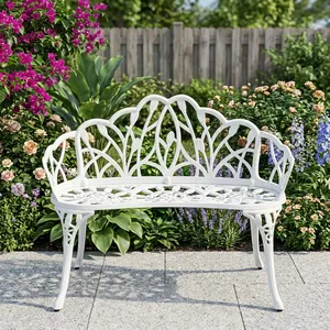 Banc de jardin élégant en aluminium blanc avec dossier décoratif en forme de feuille et accoudoirs incurvés pour l'extérieur - Product Image 2