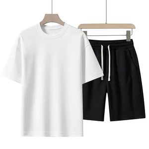 Conjunto de Camiseta y Pantalones Cortos de Algodón Casual para Hombre, Color Sólido, Transpirable, Cuello Redondo, Ropa de Punto para Verano, Conjunto de Camiseta de Algodón Estampada para Otoño - Product Image 1
