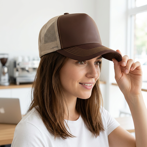 Brown Mesh Trucker Cap 6-Panel Adjustable Unisex Casual <b>Hat</b> Spring <b>Summer</b> Solid Color - Product Image 3