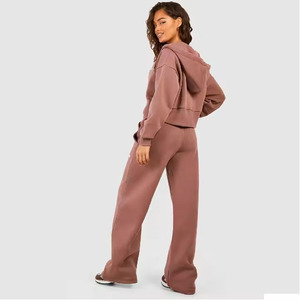<b>Women</b> Plus Size Hooded Zip-Up Sweatshirt And Wide Leg Sweatpants <b>Set</b> Solid Color Casual Loose Fit Full Length Cotton Tracksuit - Product Image 2