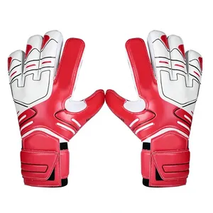 Gants de gardien de but en PU rouge et blanc à doigts entiers avec paume antidérapante, sangle de poignet réglable, gants de sport respirants pour le football - Product Image 1