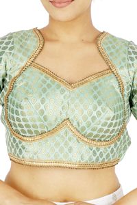 Chemisier Femme 100% Soie Tissé Formel Imprimé Floral Vert Brodé Manches Courtes Col Carré Crop Top Lavable Toutes Saisons - Product Image 3