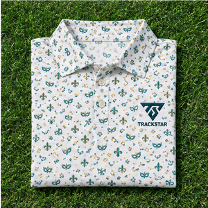 Camiseta Polo Trackstar para Hombre, Color Crema Teal Dorado, con Estampado de Máscara de Carnaval, Manga Corta, Cuello con Botones, Camiseta de Golf con Logotipo Personalizado - Product Image 5