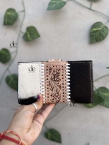 Hand Tooled Carving Cards Wallet Clutch Phone Case Stylish Cowhide <b>Fur</b> Leather Wallet Multi Uses Western Leather Wallets - Product Image 3