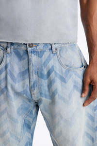 Jeans de Mezclilla Lavados con Efecto Desgastado para Hombre, Corte Ancho, Estampado Geométrico, Ajuste Holgado, Cintura Media, Algodón, Estilo Casual de Verano - Product Image 3