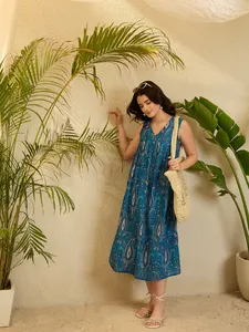 <span class=keywords><strong>Abito</strong></span> Estivo Senza Maniche in Cotone <span class=keywords><strong>Blu</strong></span> con Motivo Paisley per Donna, Ideale per Spiaggia e Vacanze, Disponibile a Prezzo Conveniente - Product Image 4