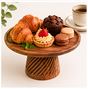 Soporte moderno para pasteles de madera hecho a mano con pedestal espiral tallado, base redonda de madera para exhibir postres, para decoración de bodas y fiestas. - Product Image 2