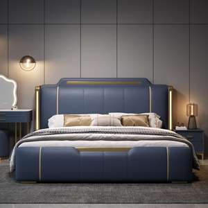 Lit King Size Moderne de Luxe en Bois de Teck Massif, Mobilier de Chambre Contemporain avec Tête de Lit Rembourrée, Durable et Écologique - Product Image 6