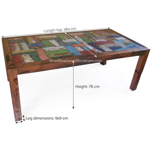 Table à manger DIVADI, modèle carré à pieds fixes, patchwork, bois de bateau recyclé, design durable, écologique, pour intérieur et extérieur - Product Image 2