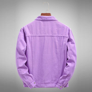 Men's Purple Denim Jacket Casual Solid Color Turn-<b>down</b> Collar Regular Sleeve Button Closure Spring Wear - Product Image 2