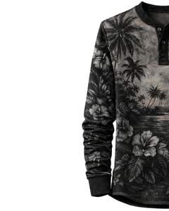 เสื้อเชิ้ตเฮนลีย์พิมพ์ลายทิวทัศน์เขตร้อนสำหรับผู้ชาย สีดำลายขาวดำ แขนยาว ติดกระดุม แนวลำลอง สไตล์ชายหาด น้ำหนักเบา แฟชั่น - Product Image 3