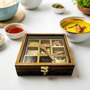 Antique Design Spice Organizer Wooden Storage <b>Box</b> Indian Handicraft Brown <b>Herb</b> & Spice Tools Wood Polish Kitchen <b>Herb</b> Storage - Product Image 1