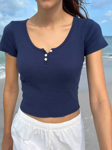 Camiseta de Mujer con Cuello Cuadrado, Manga Corta, Ajustada, Estilo Crop Top, con Botones, Tipo Henley - Product Image 4