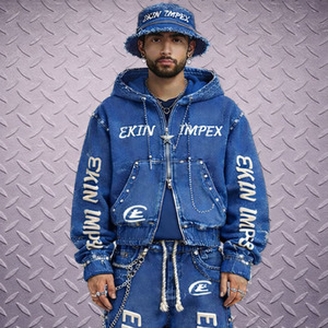 Proveedor de ropa de moda: Conjunto de sudadera con capucha y pantalones de chándal para hombre, con pedrería, oversize, corto, con lavado ácido, con cremallera y efecto desgastado - Product Image 4