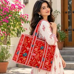 Floral Embroidered Canvas Tote Bag <b>Red</b> With White Stripe Trim Bohemian Style Open Top Shopping Bag All Seasons - Product Image 2