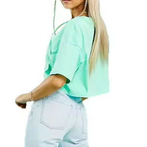 T-shirt décontracté pour femme, vert menthe, coupe courte, manches courtes, col rond, coupe ample, en jersey tricoté, printemps-été - Product Image 3