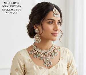 Wholesale <b>Prime</b> Polki Kundan Choker Necklace Set with Earrings and Maang Tikka Bridal Wedding Party Wear Gold Plated Jewelry - Product Image 1