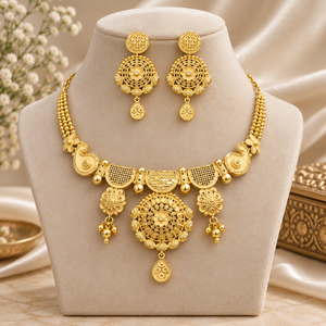 Floral Statement Pendant Necklace <b>Set</b> | 24K Gold Polish Brass Copper <b>Jewelry</b> | Traditional Indian <b>Bridal</b> Wedding Earrings <b>Set</b> - Product Image 1