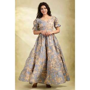 Vestido Largo de Algodón Estampado con Cintura Natural y Mangas Abullonadas Ecológico para Mujer, Elegante Atuendo Floral de Verano - Product Image 2