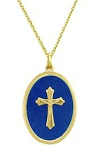 Collier pendentif religieux artisanal en laiton avec gravures de crucifix, émail bleu marine, revêtement anti-ternissement, chaîne réglable - Product Image 5
